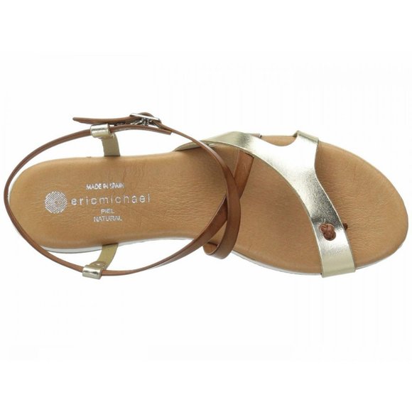 NEW Eric Michael Women Tan Gold Leather Platform Strap Buckle Thong Comfort - Picture 6 of 7